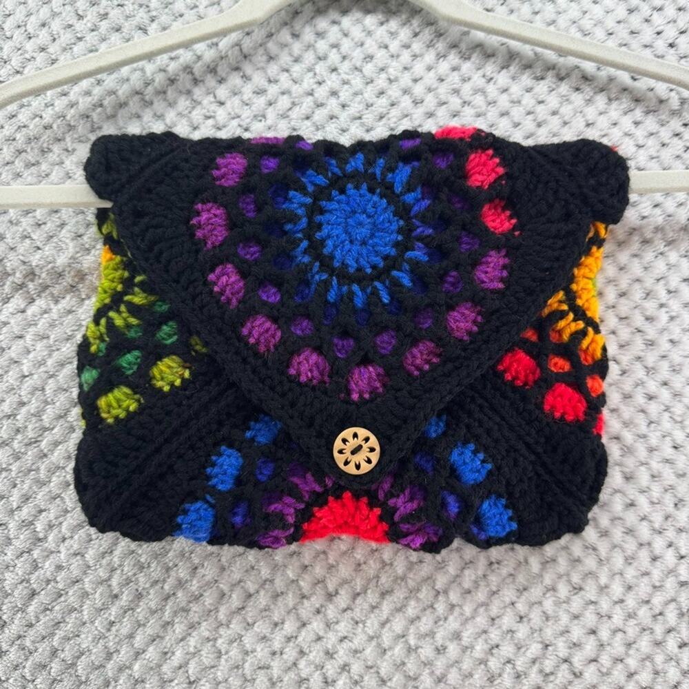 Handmade Crochet Granny Square Clutch Bag Wood Botton Closure Black Boho